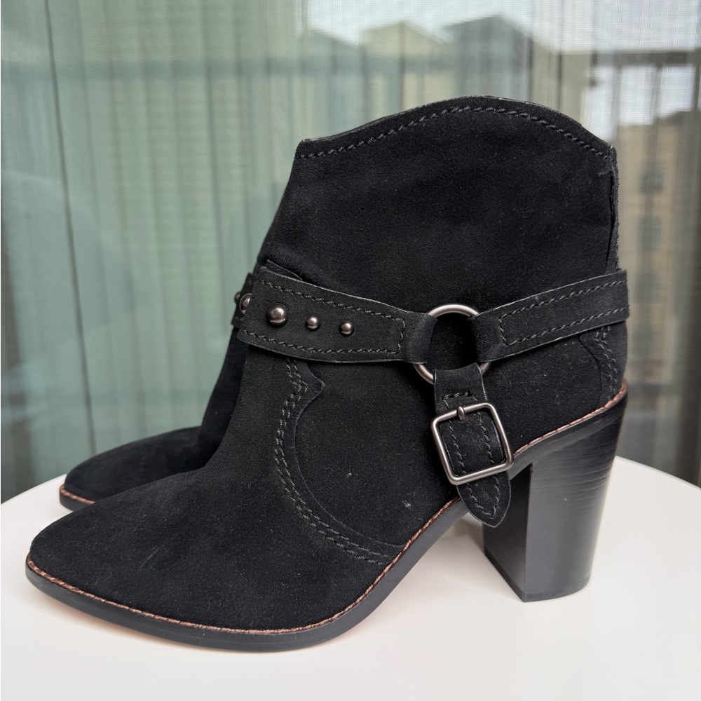 Coach Black Suede Studded Harness Ankle Boots Block Heel Zip Size 10 - Picture 3 of 7